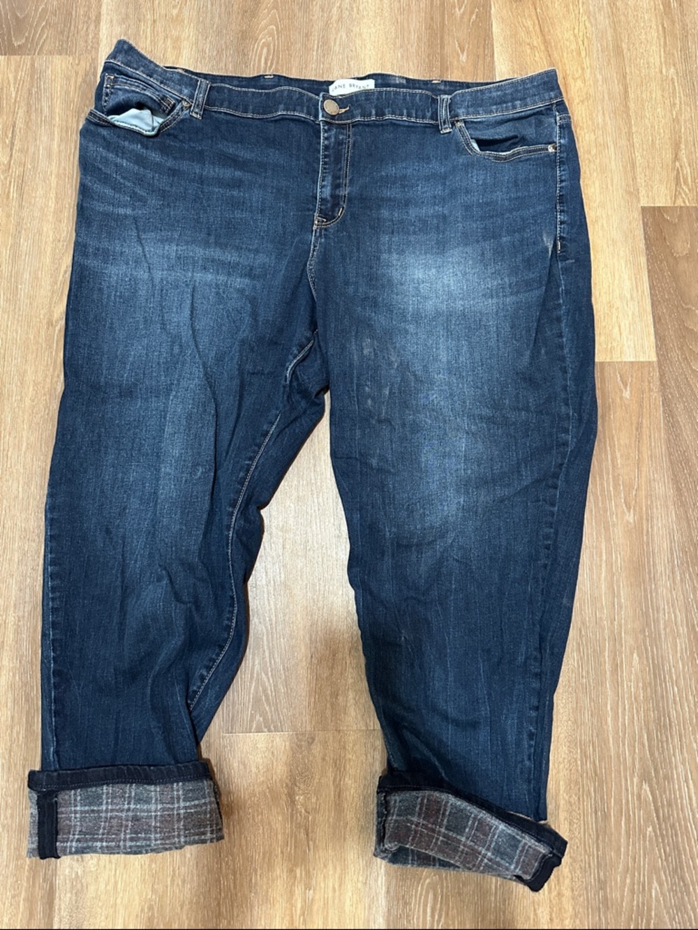 Lane Bryant Dark Blue Boyfriend Jeans with Rolled Plaid Cuffs